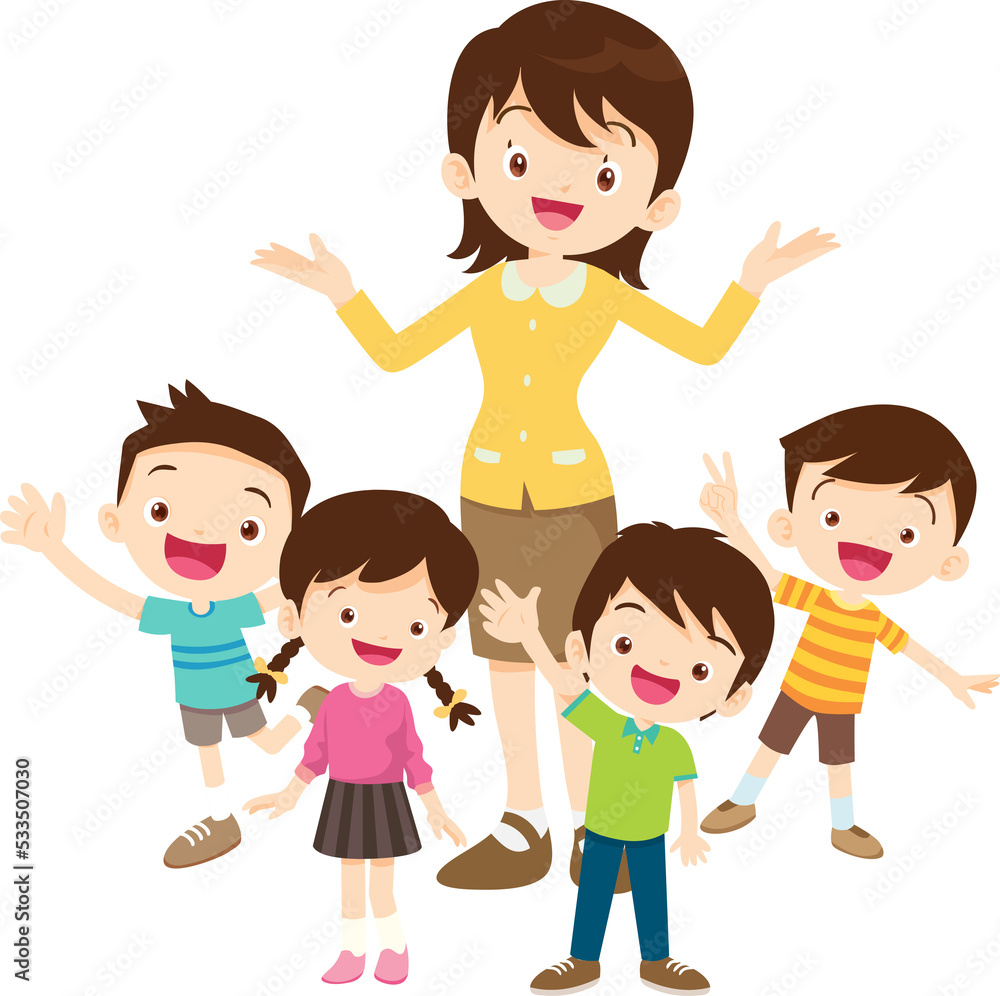 Back to School Concept with Young Smiling Woman Teacher and Group of Kids
