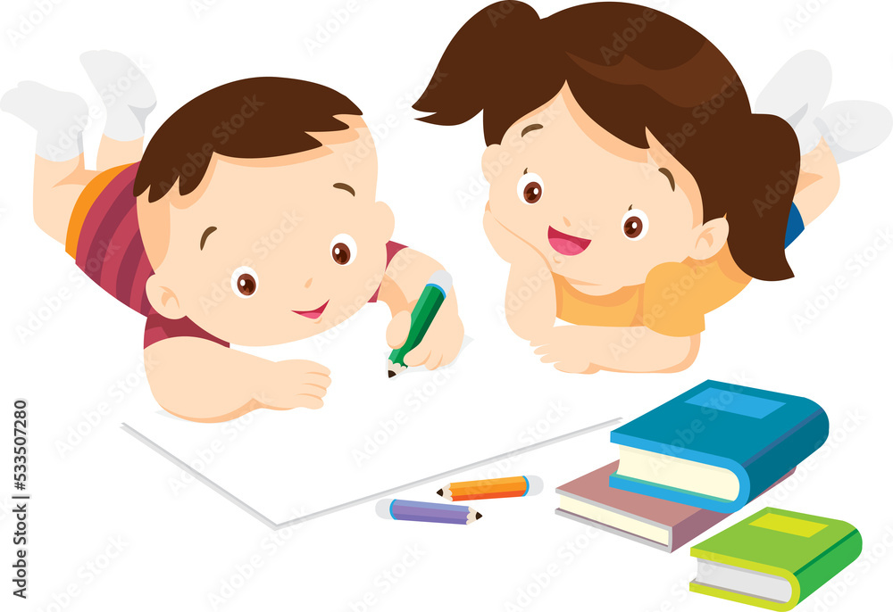 Cute Boy and Girl drawing with colored pencils while lying on floor Cute Boy and Girl drawing with colored pencils while lying on floor