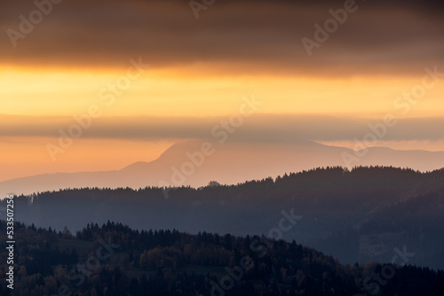 Beautiful sunrise in the mountainous landscape. The Mala Fatra national park in northwest of Slovakia  Europe.