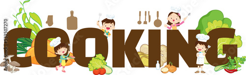 Cooking concept illustration of Little Chef Boy and Girl various actions with elements ,vegetable,kitchenware around big Letter