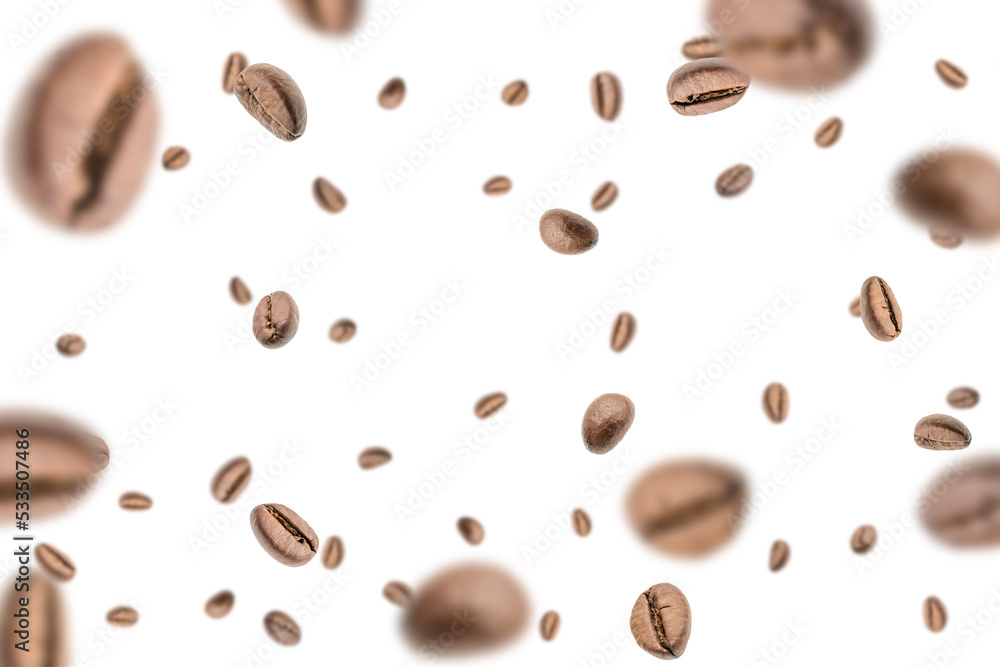 Coffee falling bean background. Black espresso coffee bean flying on white. Aromatic grain fall isolated. Represent breakfast for energy and freshness concept. Coffee falling bean background. Black espresso coffee bean flying on white. Aromatic grain fall isolated. Represent breakfast for energy and freshness concept.