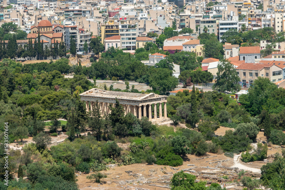 The Hephaisteion - Temple of Hephaestus at the Agora of Athens, Greece. Built circa 450 BCE. Viewed from the Acropolis.