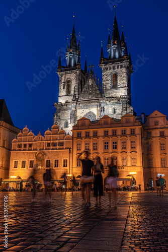 Prague - Czech Republic -The Old Town Square at dusk with the Church of Our Lady before Tyn towers in the background