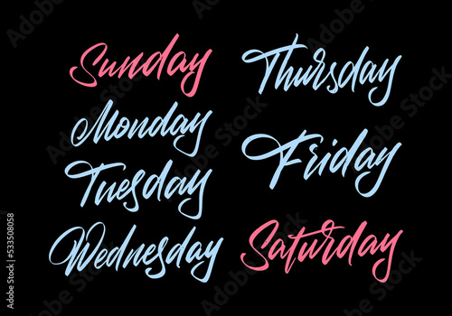 Days of the week in English lettering style on a black background for printing and design.Vector illustration.