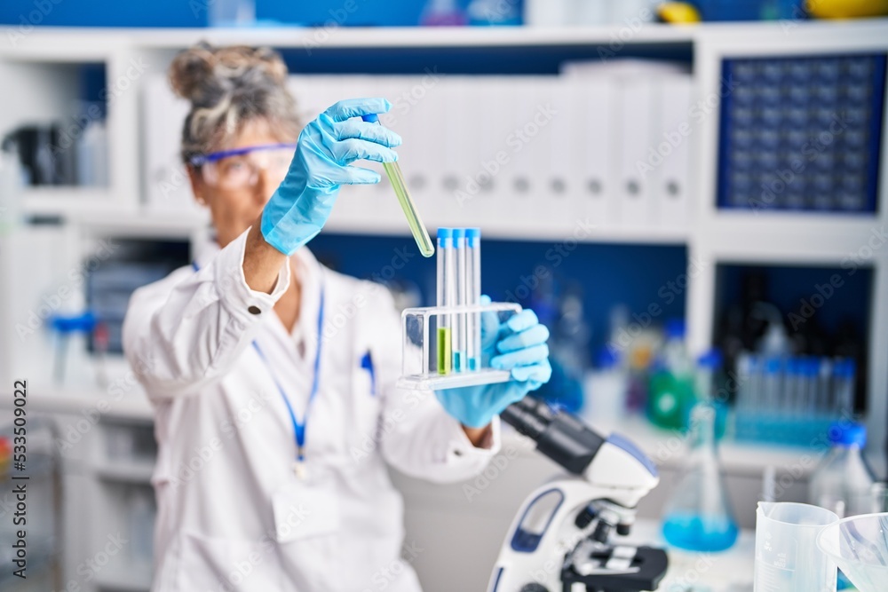 Middle age woman scientist holding test tubes at laboratory Middle age woman scientist holding test tubes at laboratory