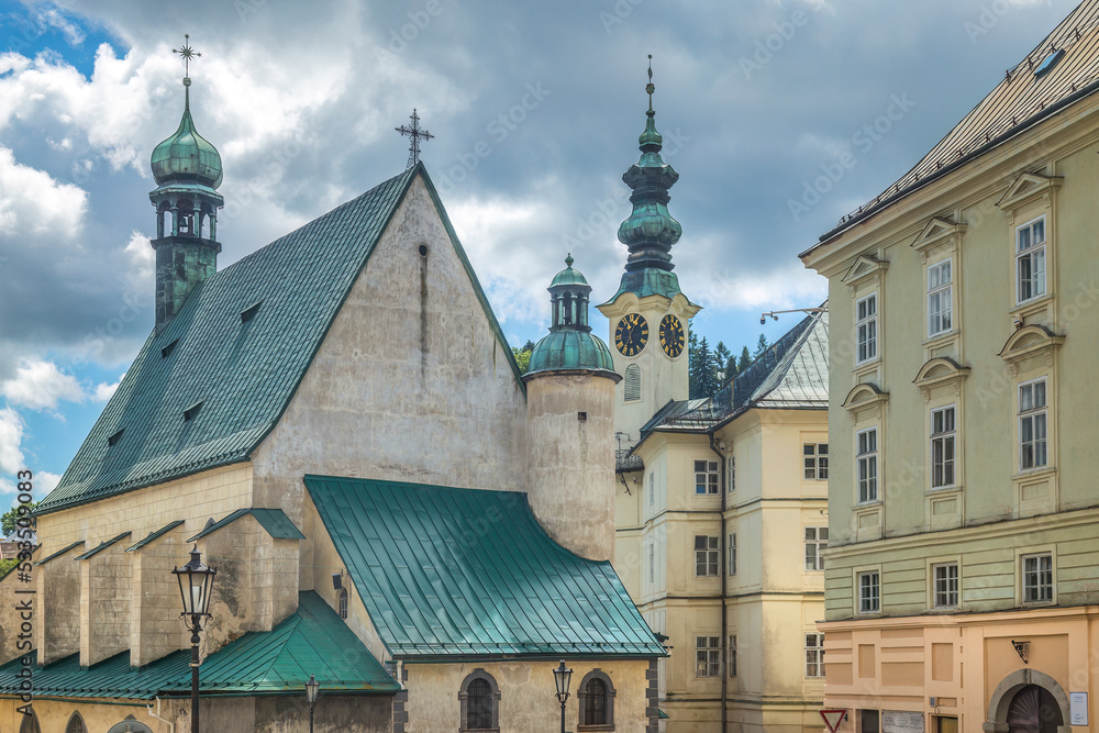 Fototapeta premium St. Catherine's church with Town hall in Banska Stiavnica, Slovakia, Europe.