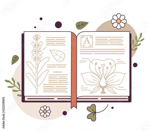 Botany book. Academic literature or textbook about plants. Homeopathy