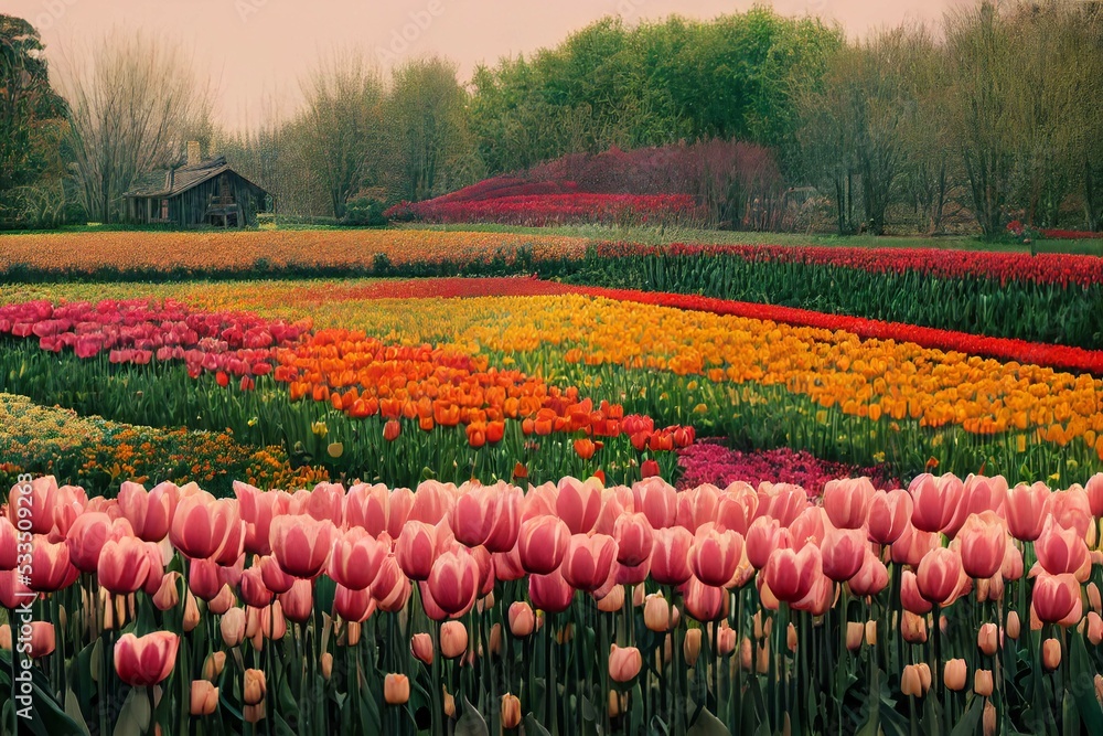 macro tulip garden in front of wooden house with windo