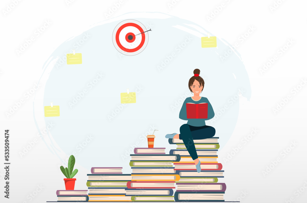 Happy young girl, woman or student reading books, reading books, education concept, home library concept, reading is power concept, flat vector illustration