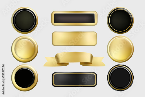 Gold foil texture 3d buttons set. Vector stamp golden elegant shiny metallic collection