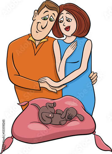 cartoon pet owners couple and little puppy
