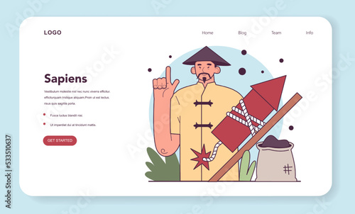 History of gunpowder web banner or landing page. China invention