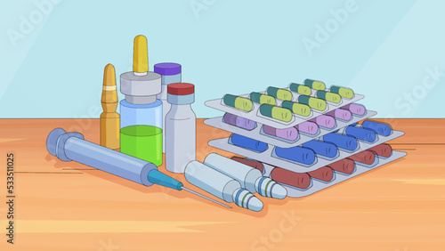Medicine, syringes pills on the table 2d illustration.
Vector EPS 10.