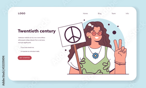 Hippie or anti-war movement demonstration web banner or landing page