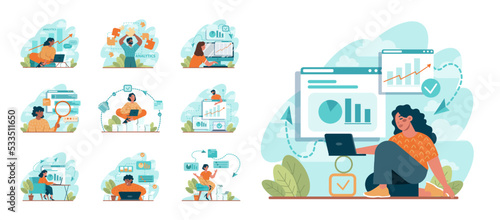 Business analytics set. Financial operation optimization, strategy development,