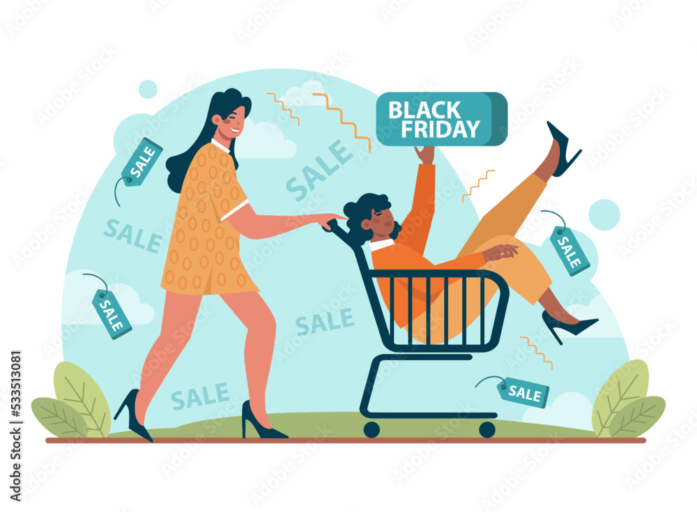 Black friday concept. Happy character rush to purchases. Shopping cart Black friday concept. Happy character rush to purchases. Shopping cart