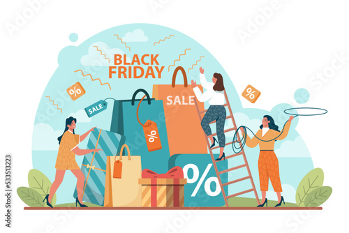 Black friday concept. Happy character rush to purchases. Shopping cart