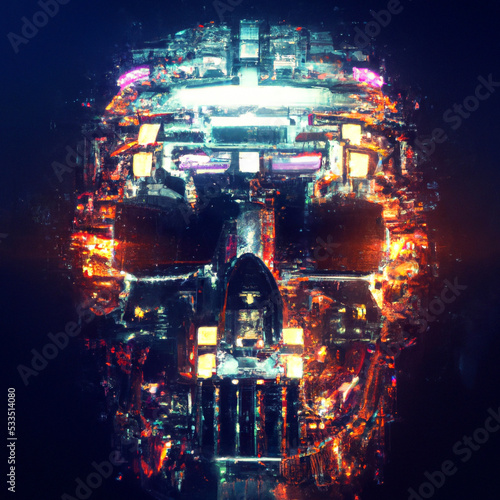 Heavy metal mind digital illustration of science fiction scary robotic skull artificial intelligence hardwired to computer core. Steampunk style elements. Concept art poster design.