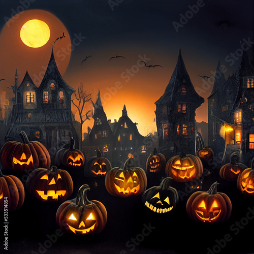 halloween city background with pumpkins