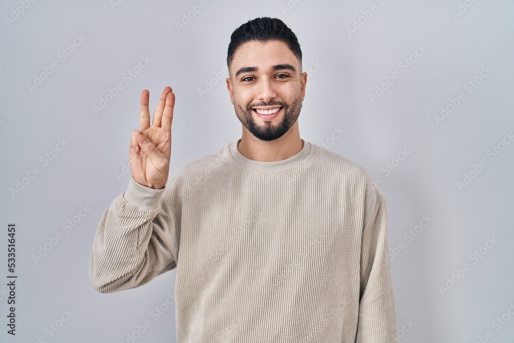 Young handsome man standing over isolated background showing and pointing up with fingers number three while smiling confident and happy. Young handsome man standing over isolated background showing and pointing up with fingers number three while smiling confident and happy.