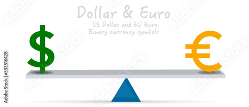 US Dollar Euro versus on scale. Parity USD EUR symbols balanced on seesaw. Versus lever. Falling ratio pair currency. Green, yellow money weights. Finance, inflation, economy. 2D illustration vector