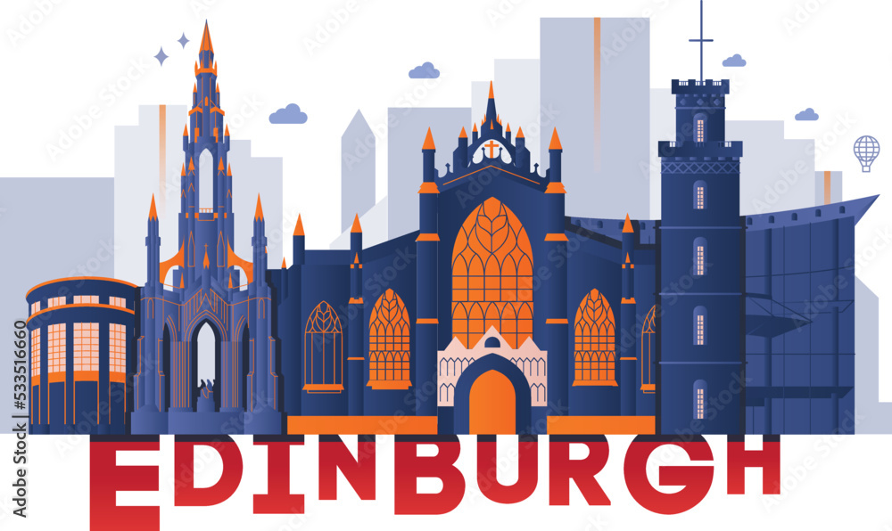Typography word Edinburgh branding technology concept. Collection of flat vector web icons. Scotland culture travel set, architectures, specialties detailed silhouette. Doodle European famous landmark Typography word Edinburgh branding technology concept. Collection of flat vector web icons. Scotland culture travel set, architectures, specialties detailed silhouette. Doodle European famous landmark