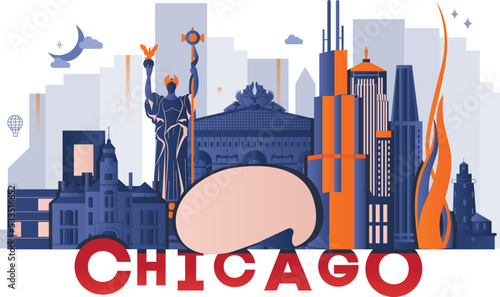 Typography word Chicago branding technology concept. Collection of flat vector web icons. American culture travel set, architectures, specialties detailed silhouette. Doodle famous landmarks.