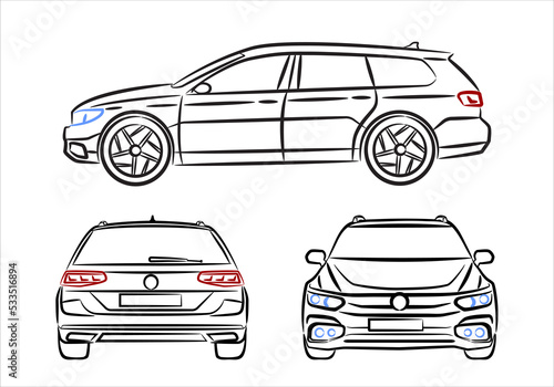 Modern classic station wagon car, hatchback, abstract silhouette on white background. Vehicle icons set view from side, front and back.
Black sketch of vehicles