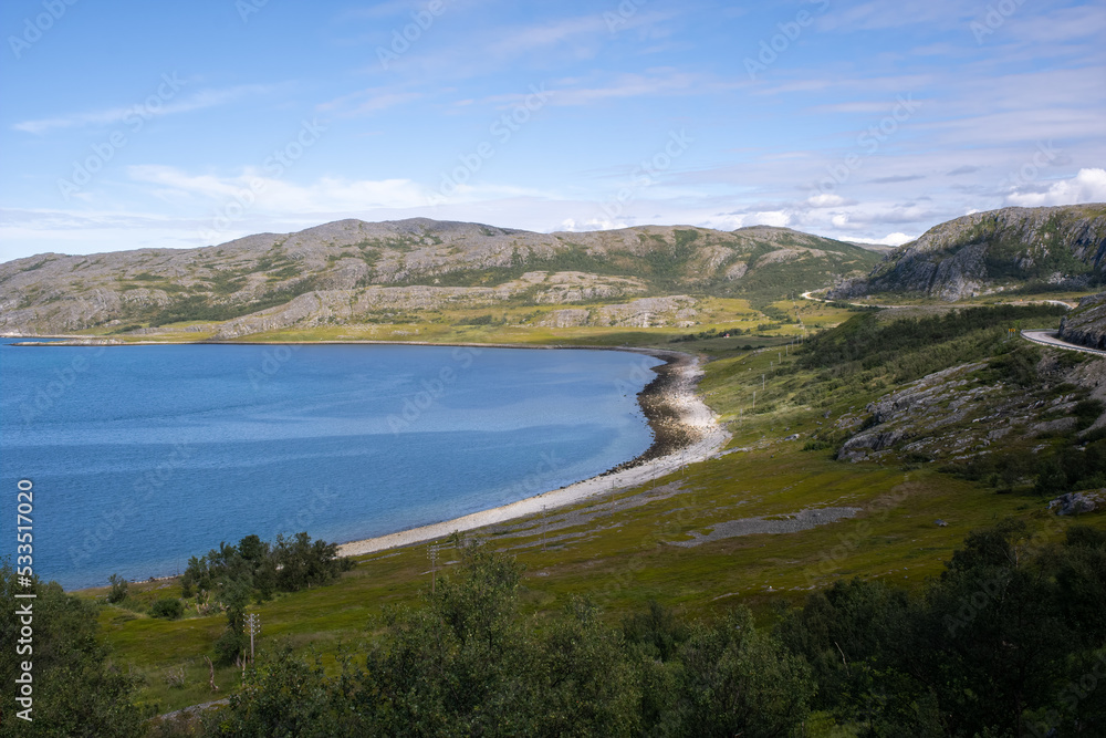 Wonderful landscapes in Norway. Nord-Norge. Beautiful scenery of Lebesby coastline in the Troms og Finnmark. Sunny day. Selective focus