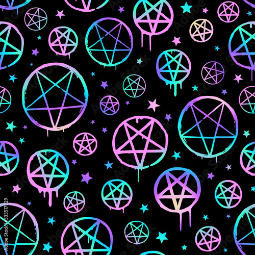 Bright pentagrams on a black background. Seamless pattern