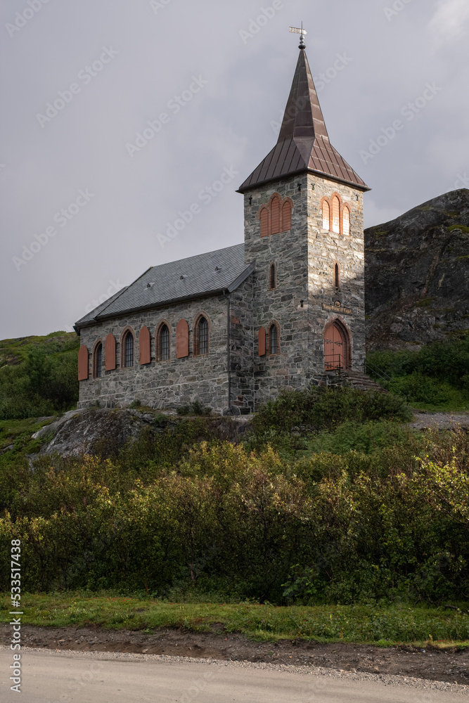 Grense Jakobselv, Norway - August 4, 2022: King Oscar II Chapel on Kafir's Road is a parish church of the Church of Norway in Sor-Varanger Municipality in Troms og Finnmark county. Selective focus