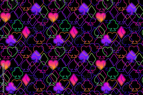 Seamless illustration of bright multicolored icons of different card suits