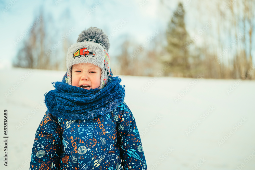 little boy in a blue jacket in a snowy forest crying on a cold day little boy in a blue jacket in a snowy forest crying on a cold day
