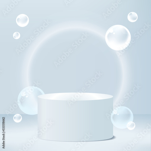 3d rendering floating podium and water drops above blue ocean and glowing light circle. Minimal light blue color scheme. Moisturizer cosmetic product concept. Stage for product light platform showcase