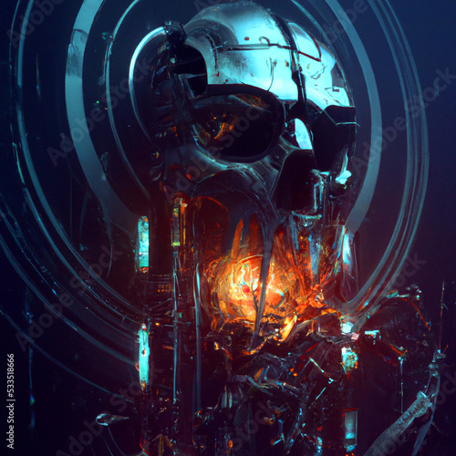 Dark robotic skeleton digital illustration of science fiction screaming robot skull connected to a computer core. Steam punk style poster, concept art design.