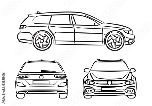 Modern classic station wagon car, hatchback, abstract silhouette on white background. Vehicle icons set view from side, front and back. Black sketch of vehicles	