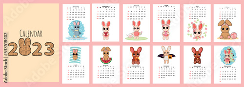 Christmas Calendar 2023 with cute rabbit. Covers and 12 month vector pages Christmas bunny character symbol year.
