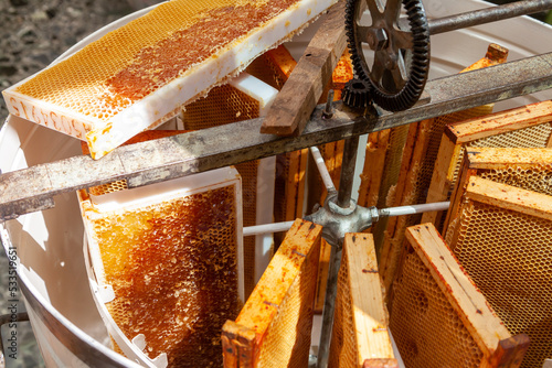 Apiculture - A la miellerie - Cadre rempli de miel rangé dans un extracteur