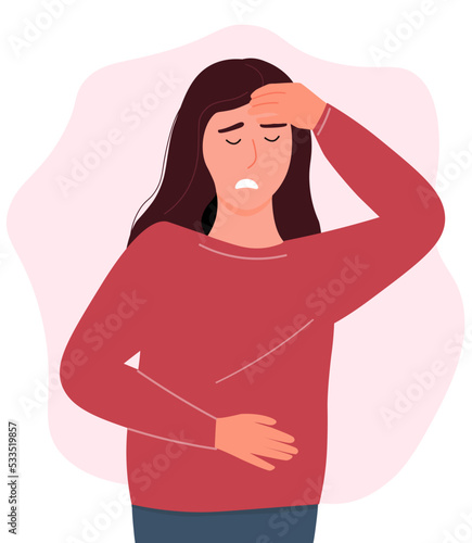 The girl has a headache. The woman suffers from pain, migraines. Vector graphics.