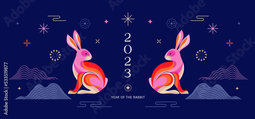 Chinese new year 2023 year of the rabbit - Chinese zodiac symbol, Lunar new year concept, colorful modern background design