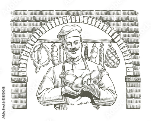 Butcher holds a sausage in butchery. Meat factory production worker. Sausage products and meat delicacies, bacon, mortadella, salami. Chef in uniform and apron. Engraving style vector illustration.