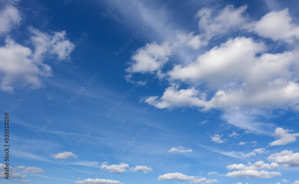 Fototapeta premium Panorama of blue sky and white clouds over horizon..
