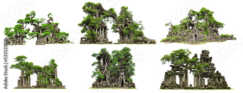 Foto ancient temple ruin, collection of overgrown historical buildings, isolated on w