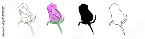 Set of roses in style-one line, doodle in pink, outline and black silhouette. Rose bud. Stock vector illustration isolated on white background.