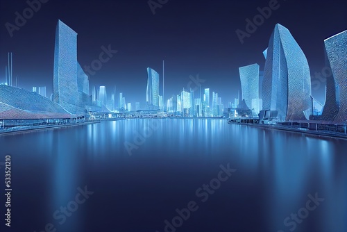 Fantasy raster illustration of a new future city with tall skyscrapers. 3D render. Raster illustration.