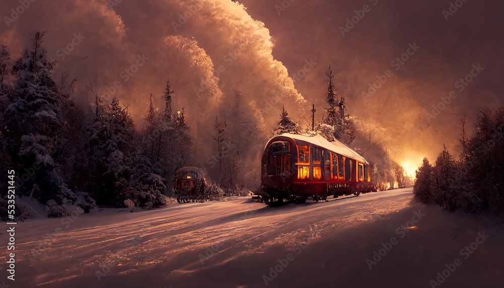 Fantasy winter forest with a train. 3d rendering. Raster illustration.