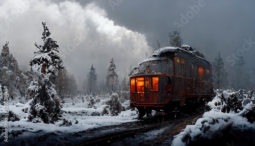 Fantasy winter forest with a train. 3d rendering. Raster illustration.