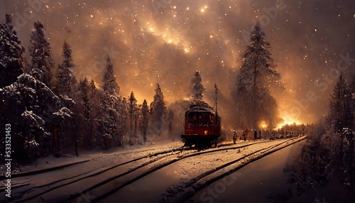 Fantasy winter forest with a train. 3d rendering. Raster illustration. photo
