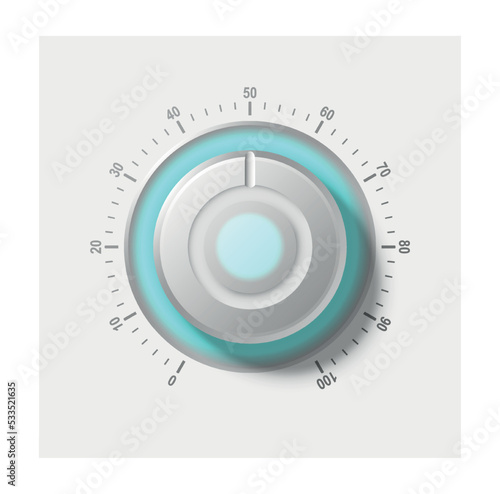 Adjustment round dial. Gray button with blue neon for volume control. Graphic element for website in futuristic style. Modern technologies and digital world. Realistic 3D modern vector illustration