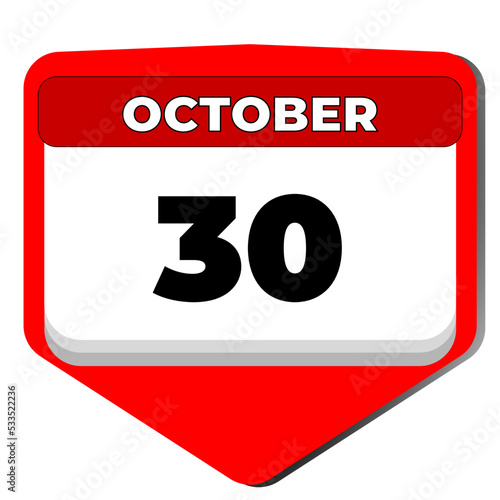 30 October vector icon calendar day. 30 date of October. Thirtieth day of October. 30th date number. 30 day calendar. Thirty date. Zafer Bayrami Victory Day Turkey